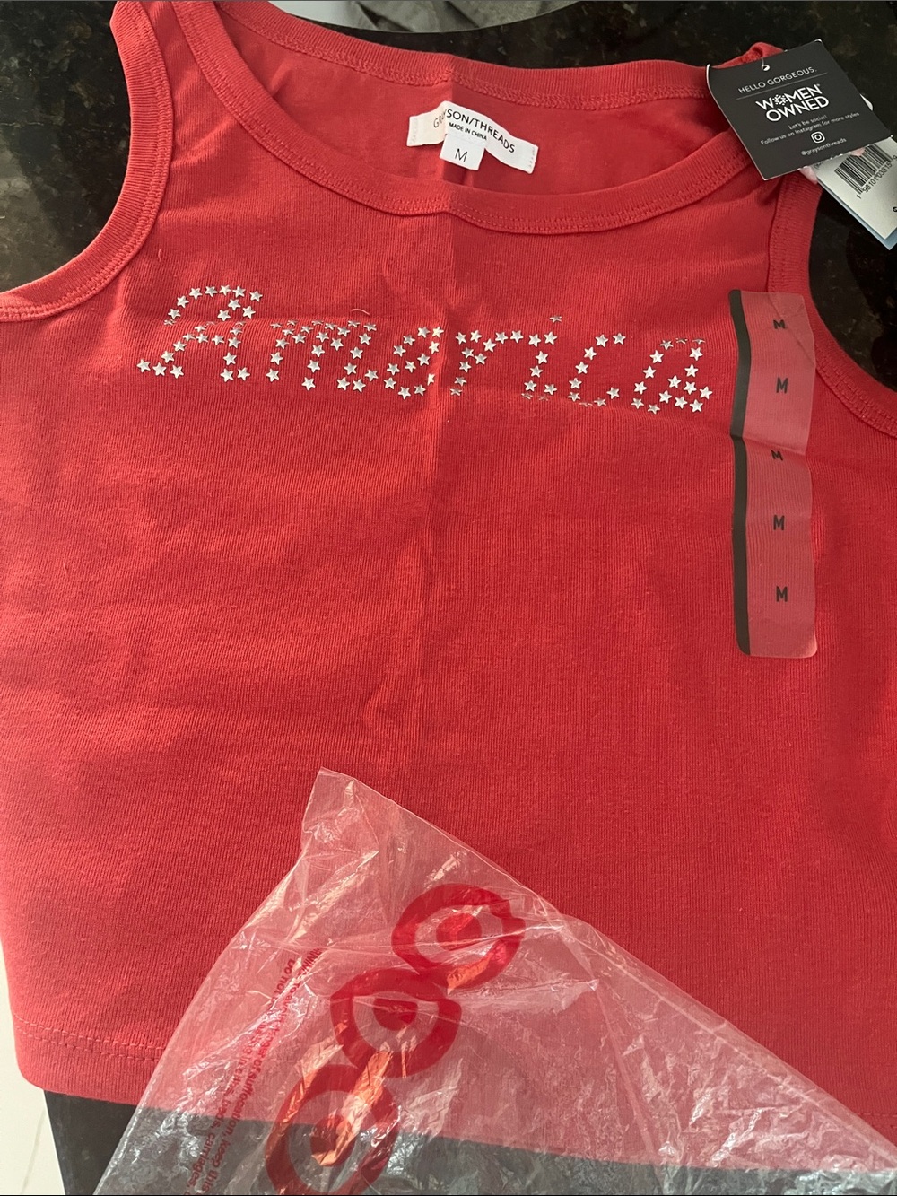 Grayson Threads Red Sleeveless Cropped Tank Top with StarsEmbellished 'America